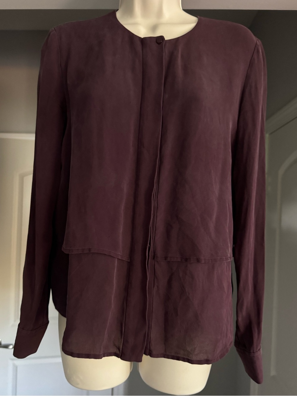 Theory 100% Silk Layered Blouse Burgundy Plum Long Sleeve Size M Luxury